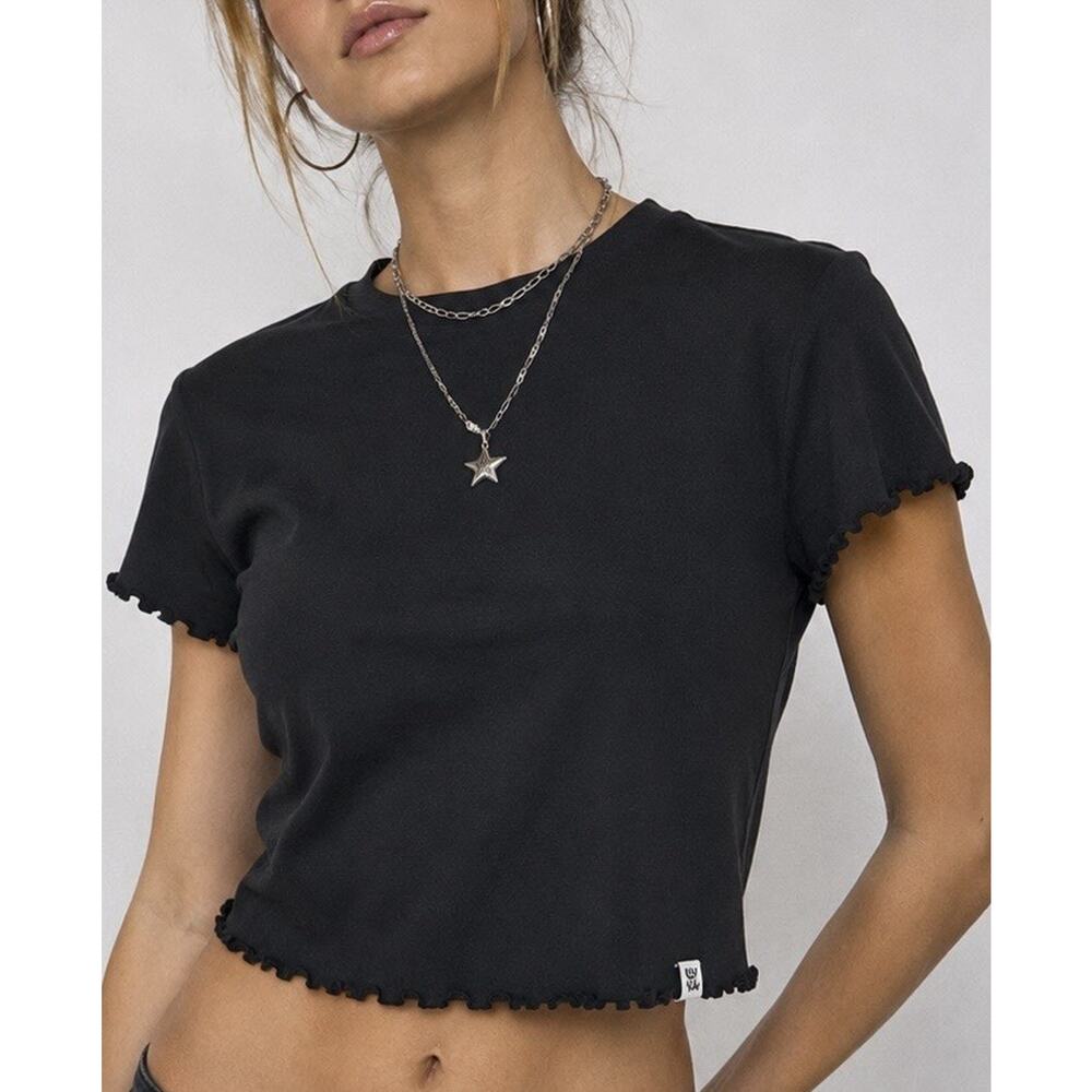 LUCY & YAK Baby T Black Cropped Ruffle Hem Tee Shirt XL Top Y2K Soft Casual Boho